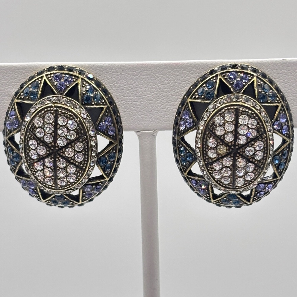 Vintage Joan Rivers Clip-on Earrings Oval Mosaic Pave Crystals Byzantine